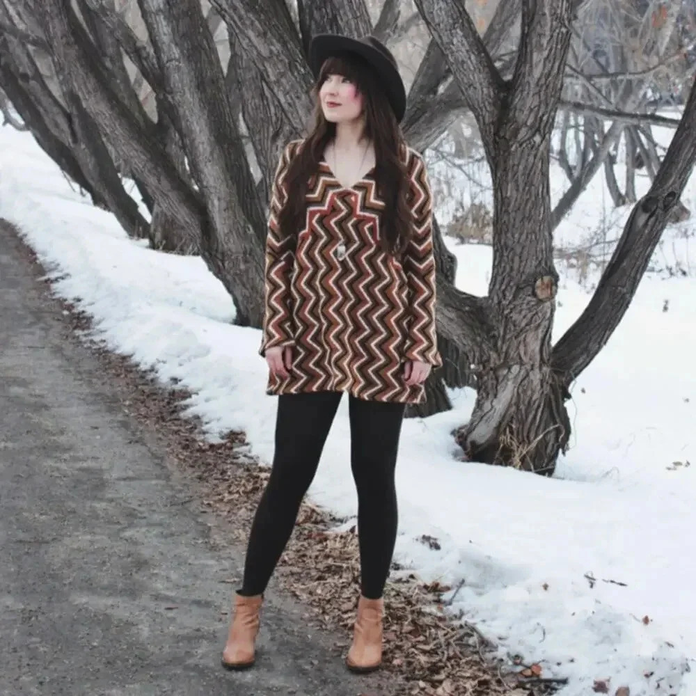 Free People Rhiannon Chevron Wool Blend Sweater Dress Neutral Combo Size S - Picture 5 of 11